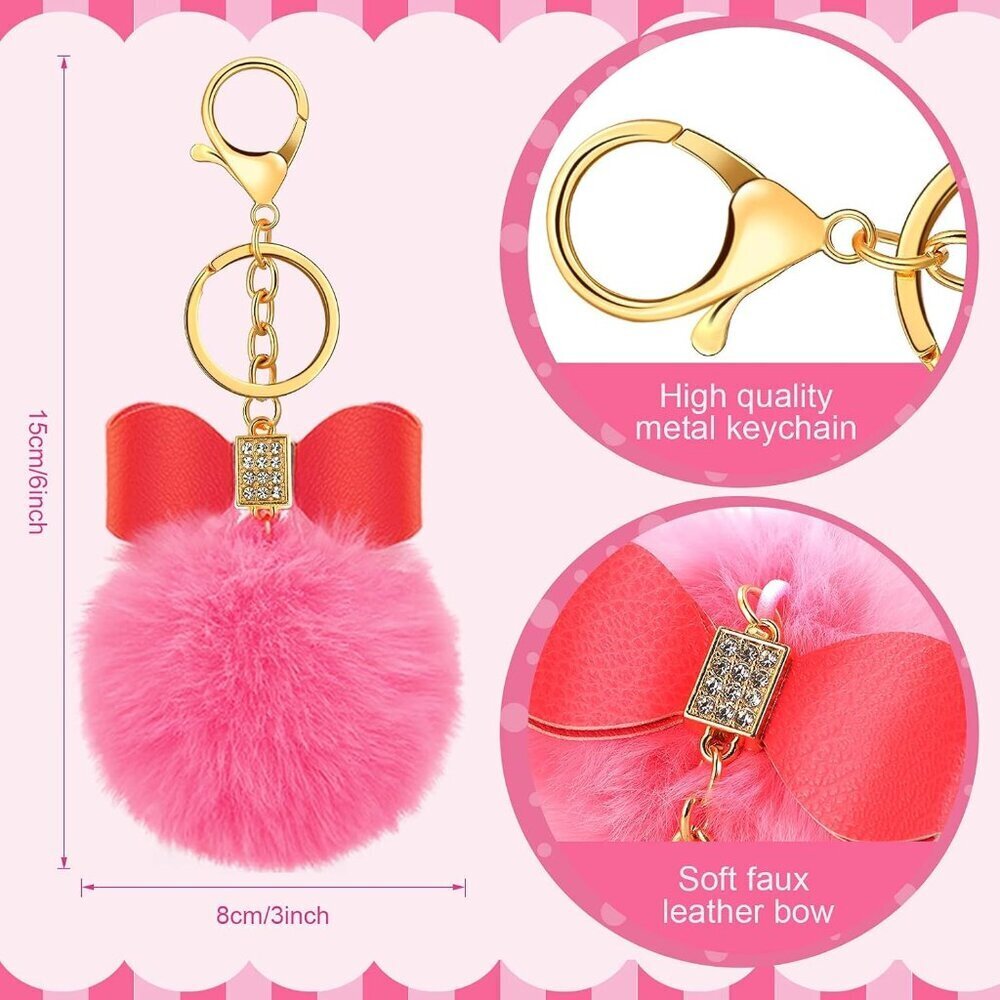 12 Pack Fluffy Faux Fur Pom Pom Keychains Rhinestone Bow for Bags Craft - Picture 2 of 6